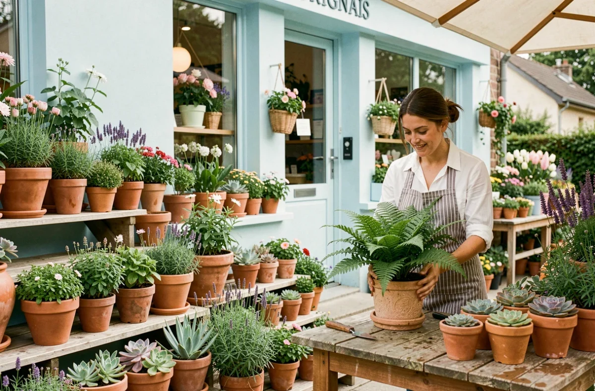 Boutique A Fleur de Pot à Brignais avec façade bleue pastel et une fleuriste rempotant des plantes en terre cuite sur une table de travail extérieure