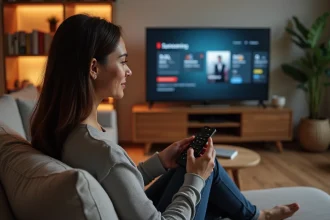 Femme consultant les offres d'abonnement Canal+ sur son téléviseur depuis son canapé