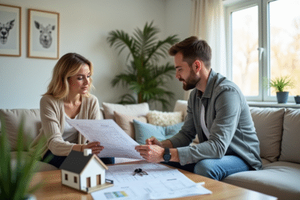 Couple avec agent immobilier en intérieur lumineux