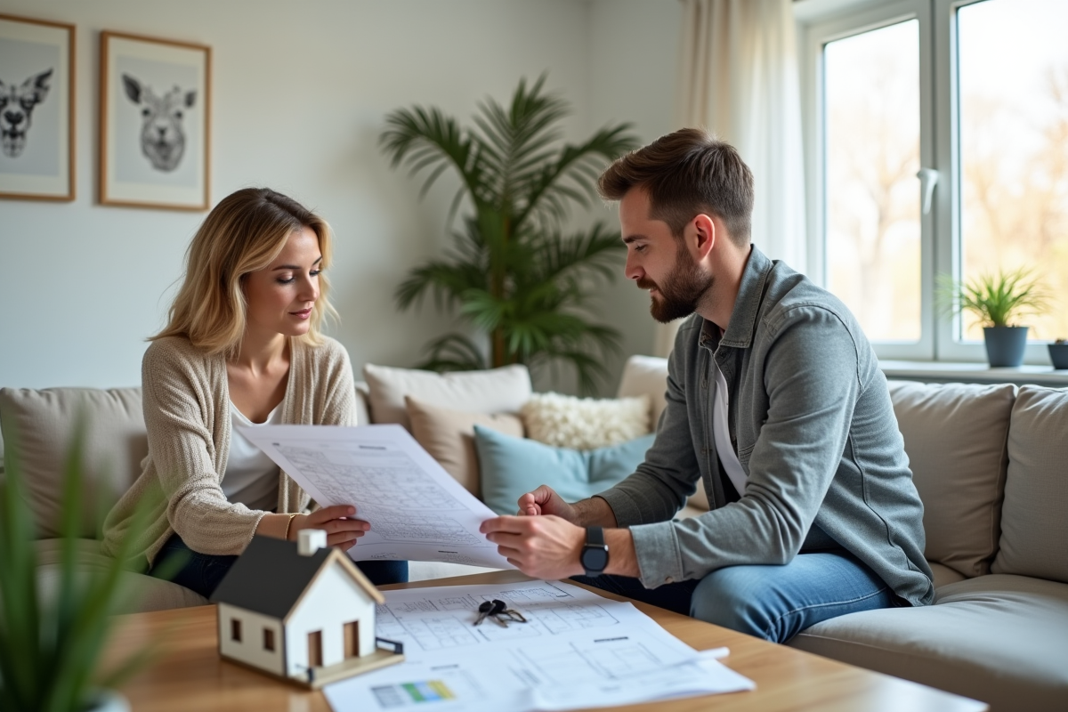 Couple avec agent immobilier en intérieur lumineux
