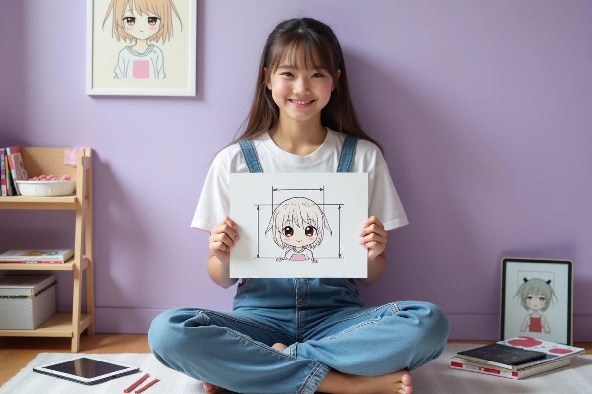 Adolescente fière montrant son dessin chibi terminé dans sa chambre décorée de mangas et fournitures artistiques