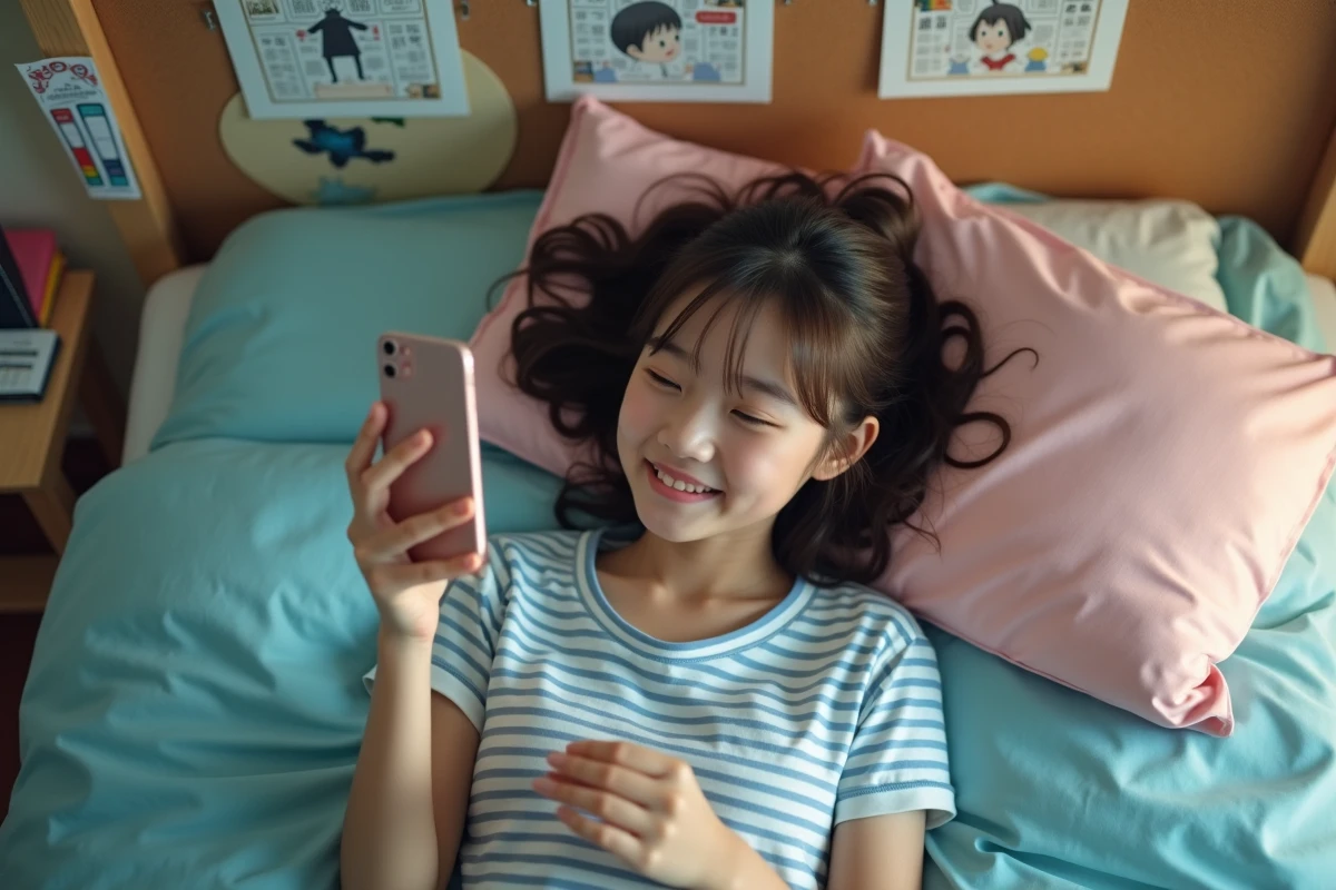 Adolescente lisant des scans de manga en français sur son smartphone allongée sur son lit