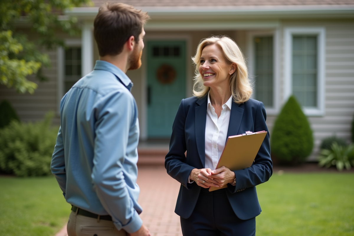 Agent immobilier souriante avec un jeune homme devant une maison