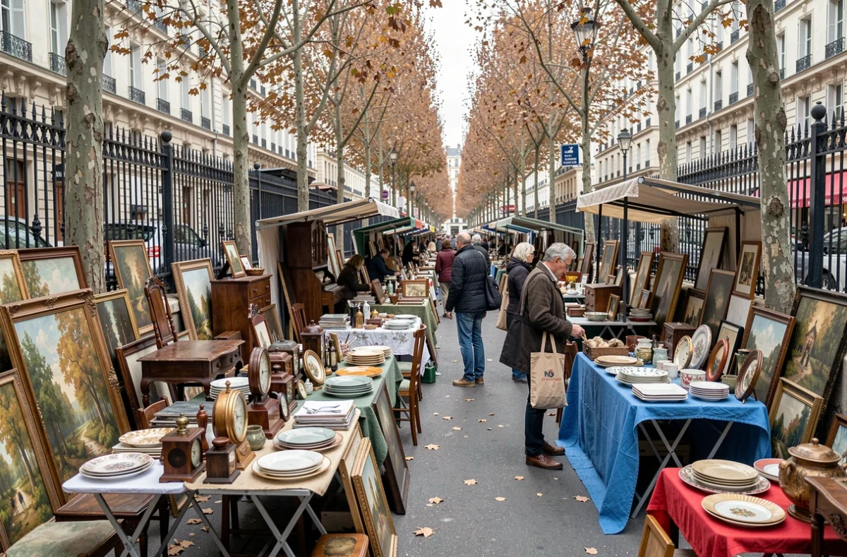 Vue panoramique des allées du marché aux puces de la Porte de Vanves avec des étals remplis d'objets vintage et de brocante