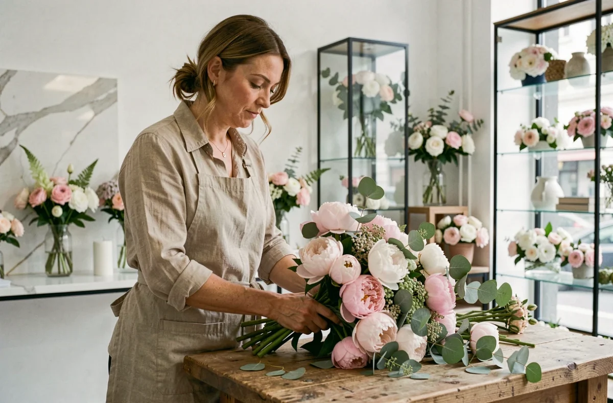 Fleuriste femme arrangeant un bouquet de pivoines et d'eucalyptus dans la boutique Amarylice à Lyon
