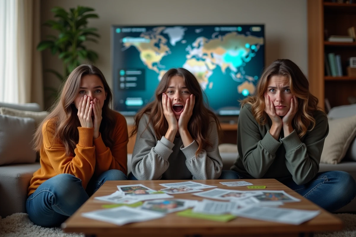 Trois amis surpris et amusés après une défaite en jeu de société