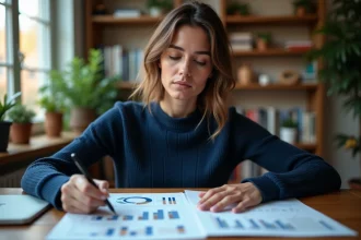 Femme analysant des graphiques de cotes sur une table en bois dans un bureau à domicile