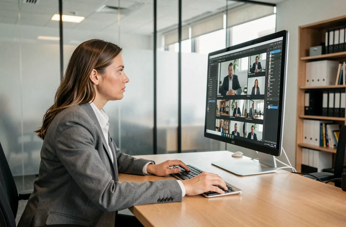 Femme professionnelle analysant des captures vidéo sur un écran dans un bureau moderne, illustrant les bonnes pratiques d'utilisation responsable des vidcaps