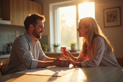 Couple heureux célébrant leur anniversaire à la maison