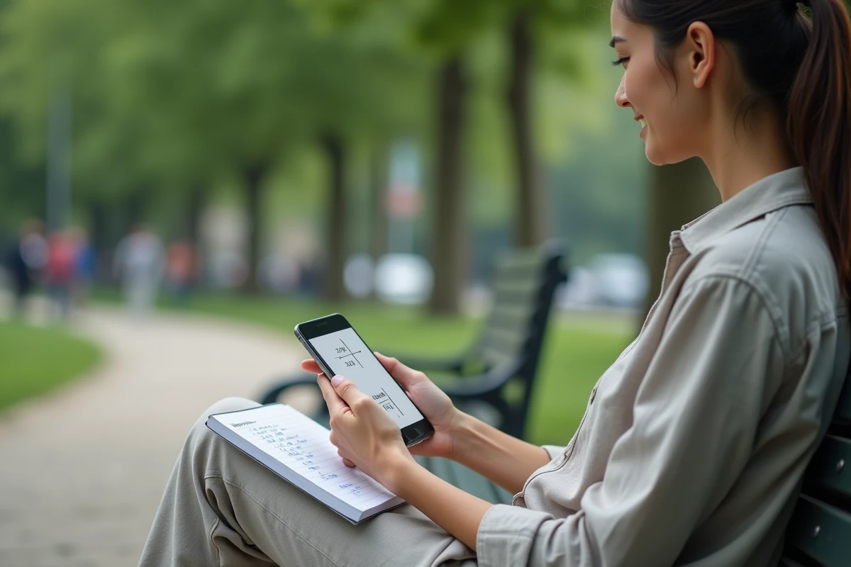 Jeune femme utilisant une application de conversion kilomètres-miles sur smartphone dans un parc urbain