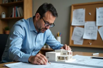 Homme d'age moyen mesurant un modele architectural