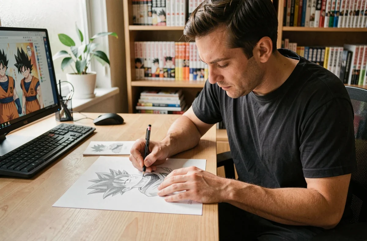 Artiste adulte dessinant un croquis détaillé de Goku Z au crayon dans un bureau maison entouré de mangas et d'œuvres anime