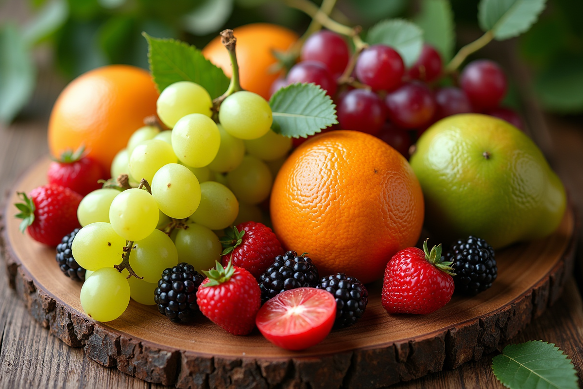 Assortiment de fruits frais G sur table en bois
