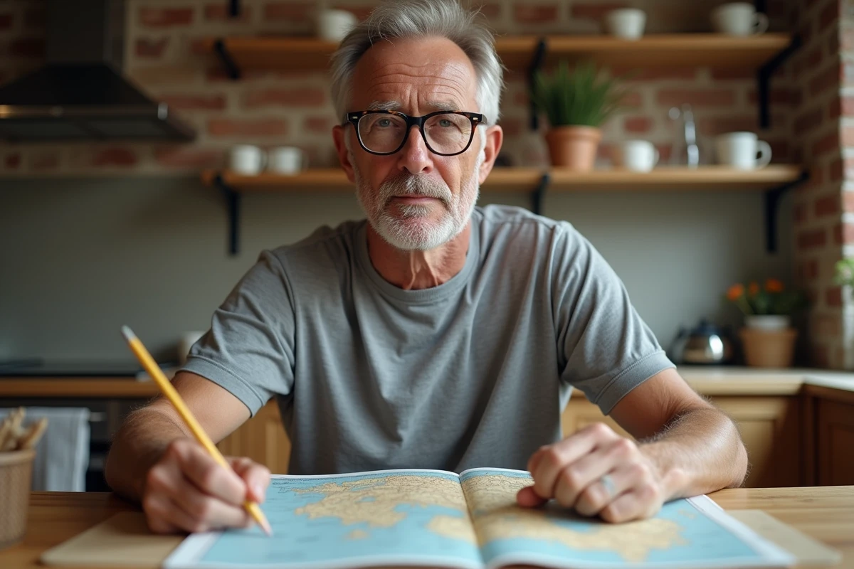 Homme consultant une feuille de mémorisation manuscrite pour convertir les kilomètres en miles à une table en bois