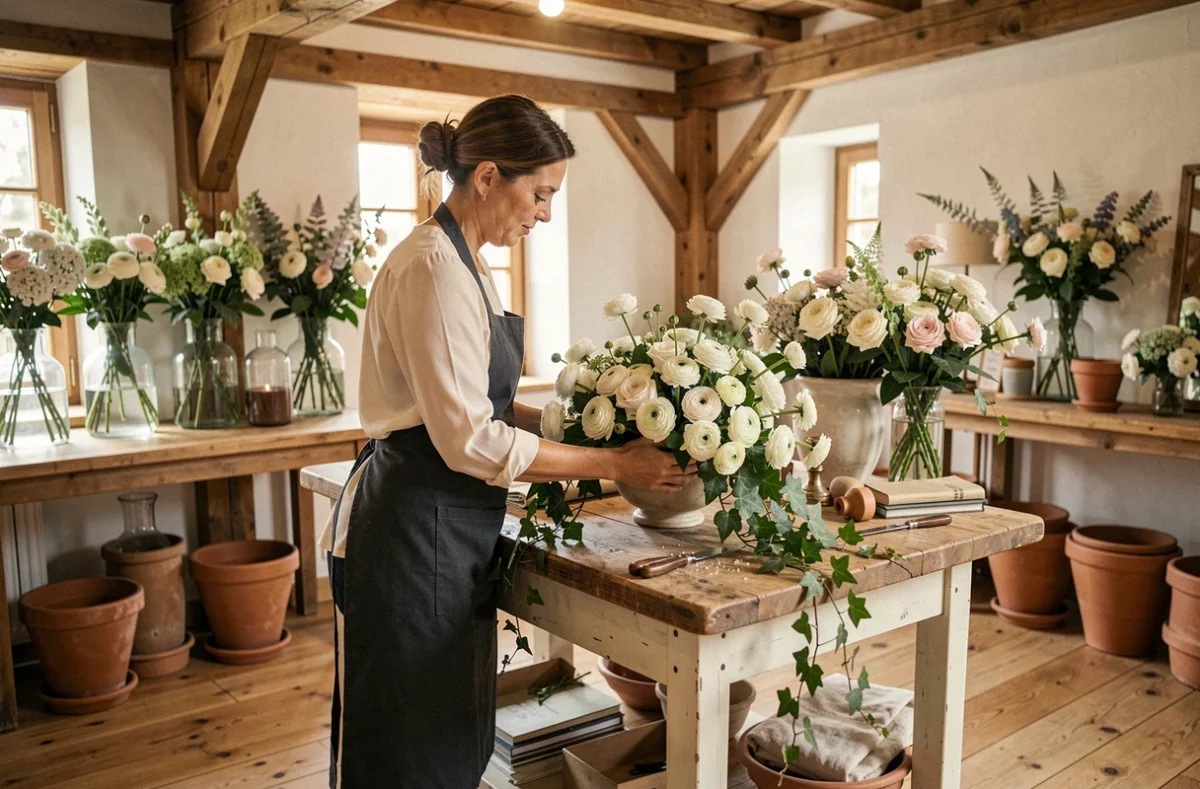 Fleuriste de l'Atelier du Fleuriste à Annecy travaillant sur un grand centre de table de mariage avec des roses blanches et du lierre
