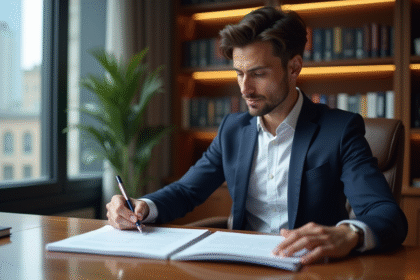 Avocat immobilier homme en costume navy dans un bureau moderne