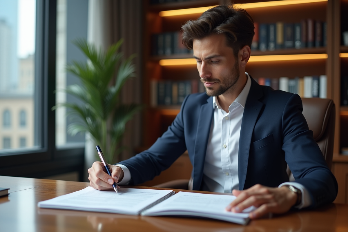 Avocat immobilier homme en costume navy dans un bureau moderne