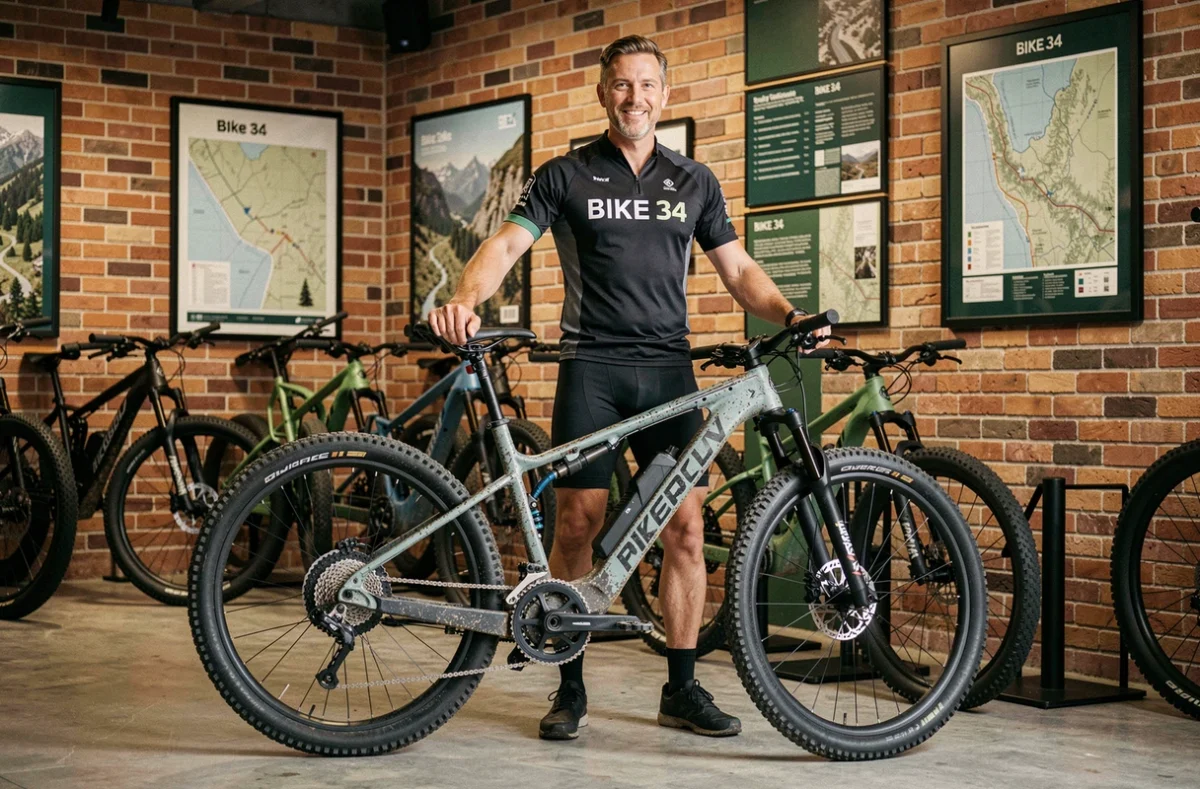 Cycliste présentant un VTT électrique haut de gamme dans la boutique Bike 34 dans l'Hérault