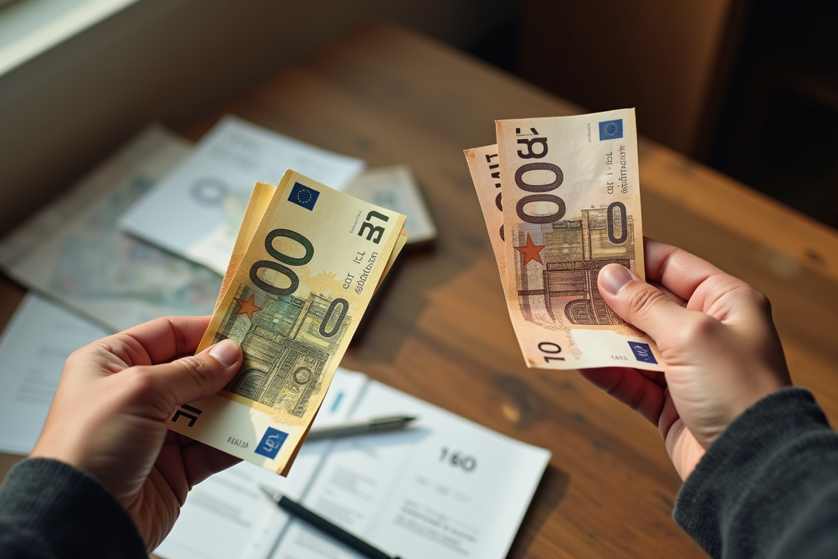 Deux mains tenant des billets euros avec brut et net sur une table
