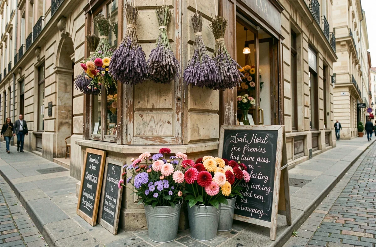 Devanture bohème de la boutique Bohème Fleurs dans le 1er arrondissement de Lyon avec des fleurs séchées et des dahlias colorés