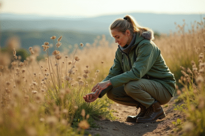 Botaniste femme examine des fleurs fanées dans un champ en été
