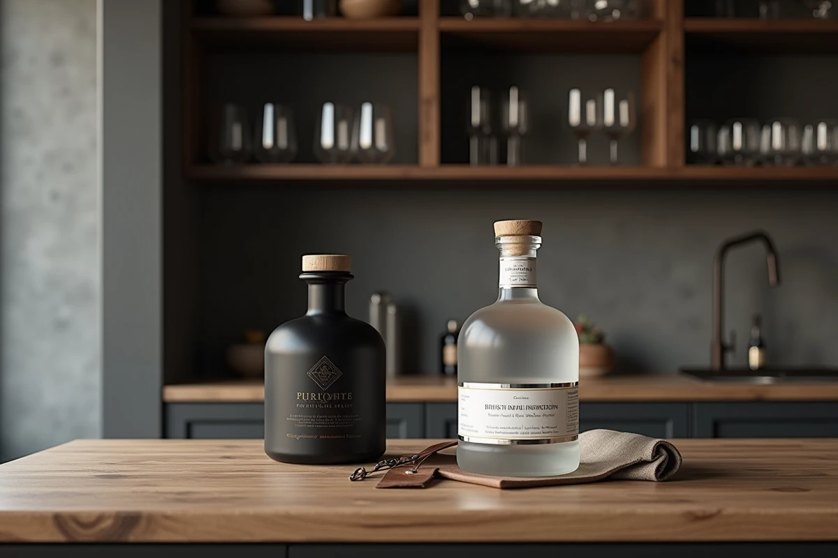 Deux bouteilles de spiritueux premium côte à côte sur un comptoir en chêne, foudre noire et flamme blanche pour guide d'achat comparatif