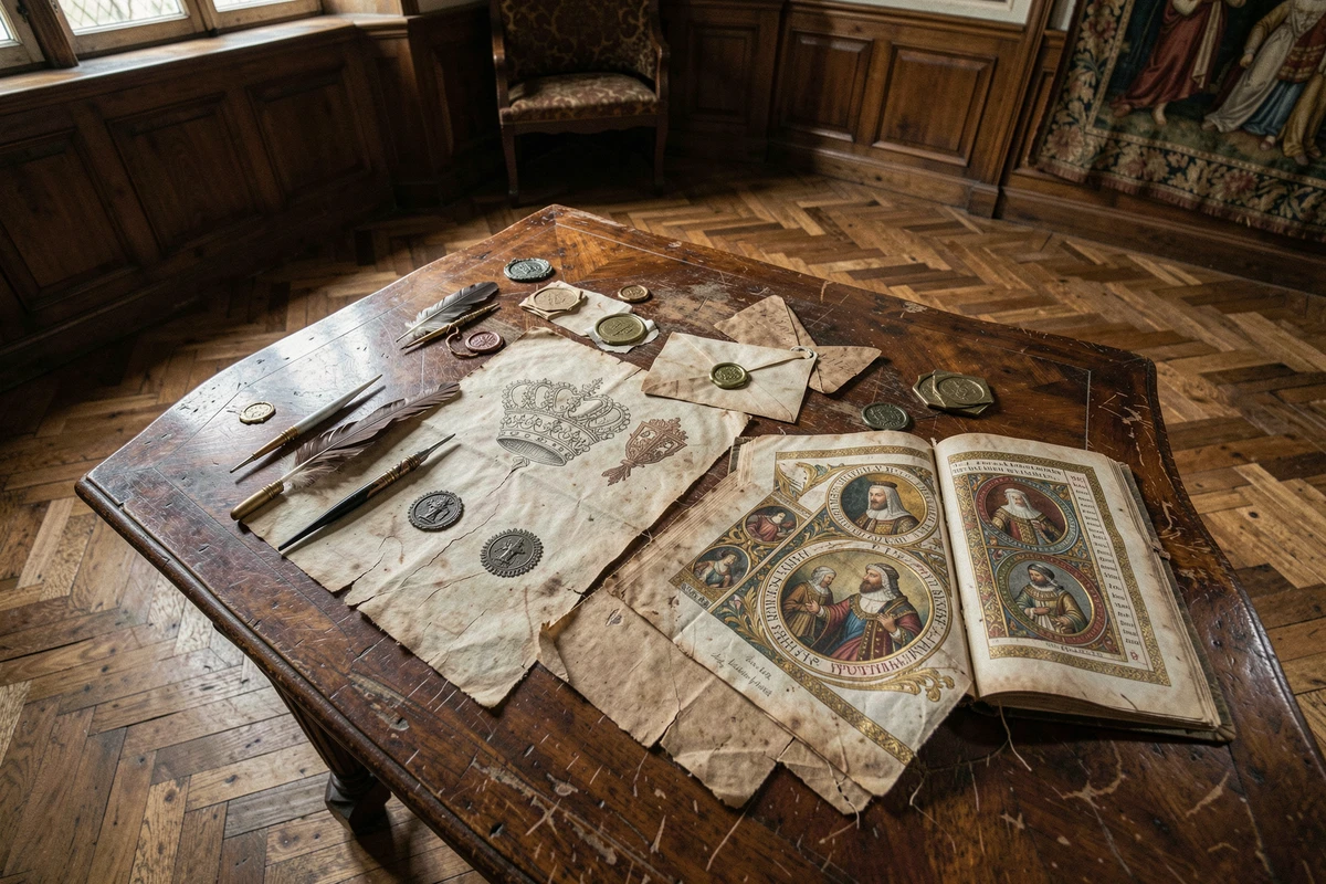 Bureau antique avec sceaux royaux, manuscrits enluminés et documents historiques de la monarchie française