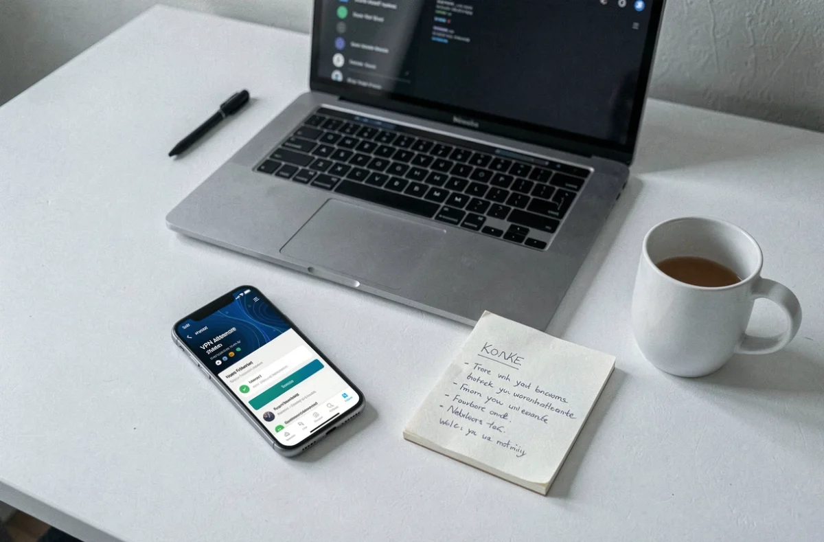 Vue aérienne d'un bureau minimaliste avec laptop et application alternative au VPN sur smartphone