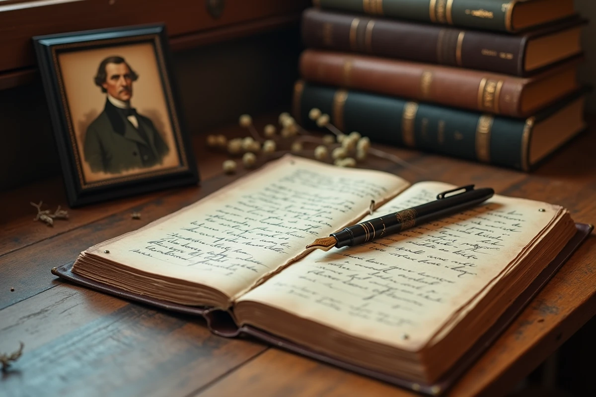 Détail d'un bureau d'écriture vintage avec journal manuscrit, plume et portrait d'intellectuel du XIXe siècle, symbolisant l'influence des essais d'Emerson sur la pratique de l'écriture