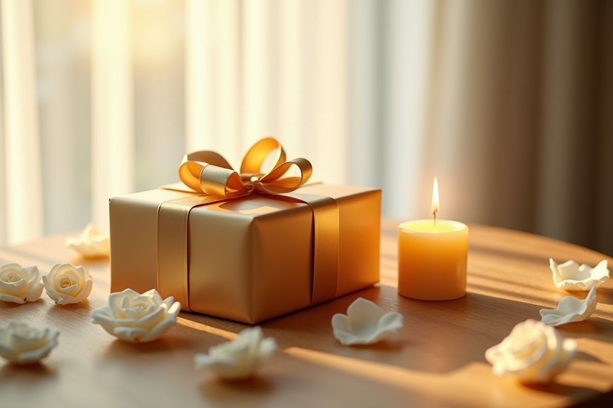 Coffret cadeau doré avec bougie de cire d abeille et pétales de rose