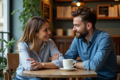 Deux adultes francophones discutant dans un café parisien