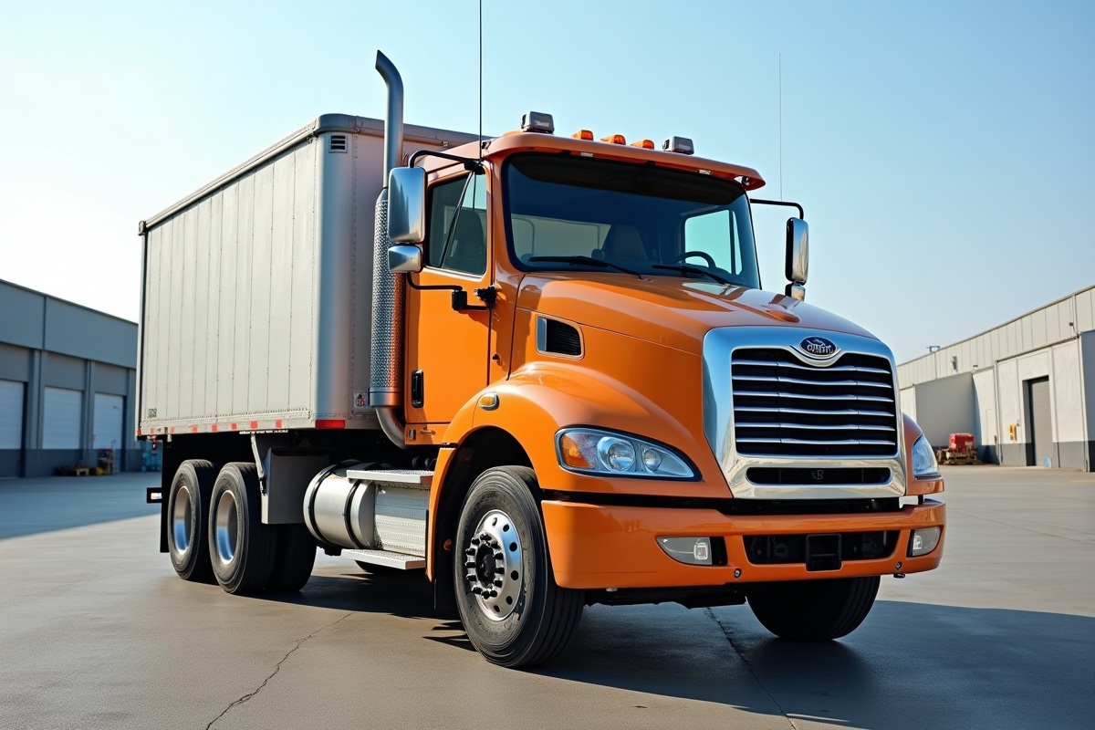 Camion utilitaire de 15 tonnes stationne en plein soleil sur un terrain industriel