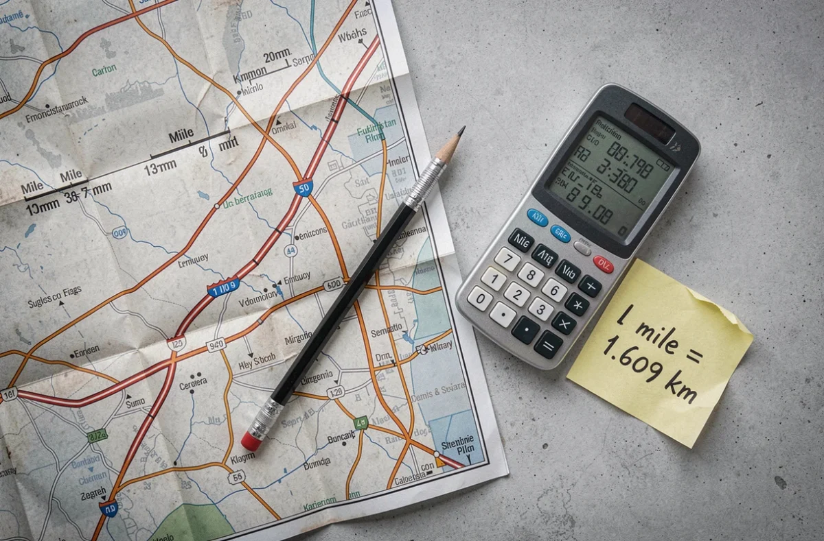 Vue aérienne d'une carte routière avec échelle en miles et kilomètres, calculatrice et note manuscrite de la formule de conversion