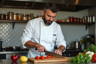 Chef professionnel coupant des légumes frais en cuisine