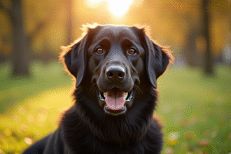 Chien golden retriever noir en plein soleil dans un parc