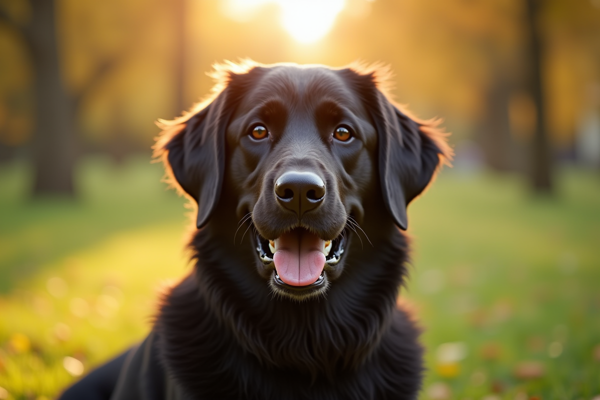 Chien golden retriever noir en plein soleil dans un parc