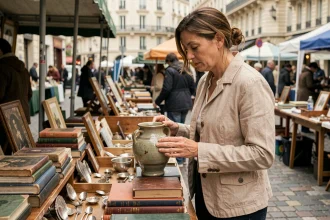 Femme chinant un vase en céramique vintage sur un étal du marché aux puces de la Porte de Vanves à Paris