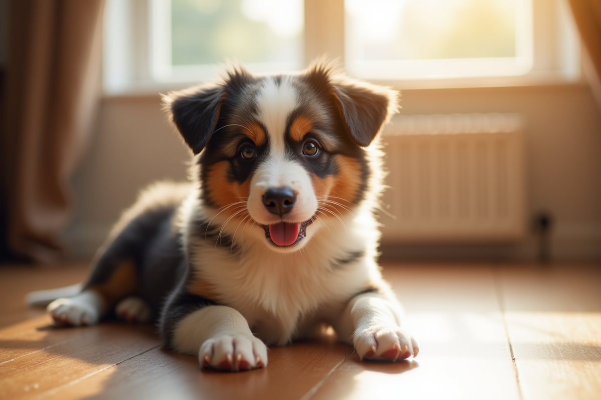 Chiot Australian Shepherd jouant à l’intérieur près d’une fenêtre