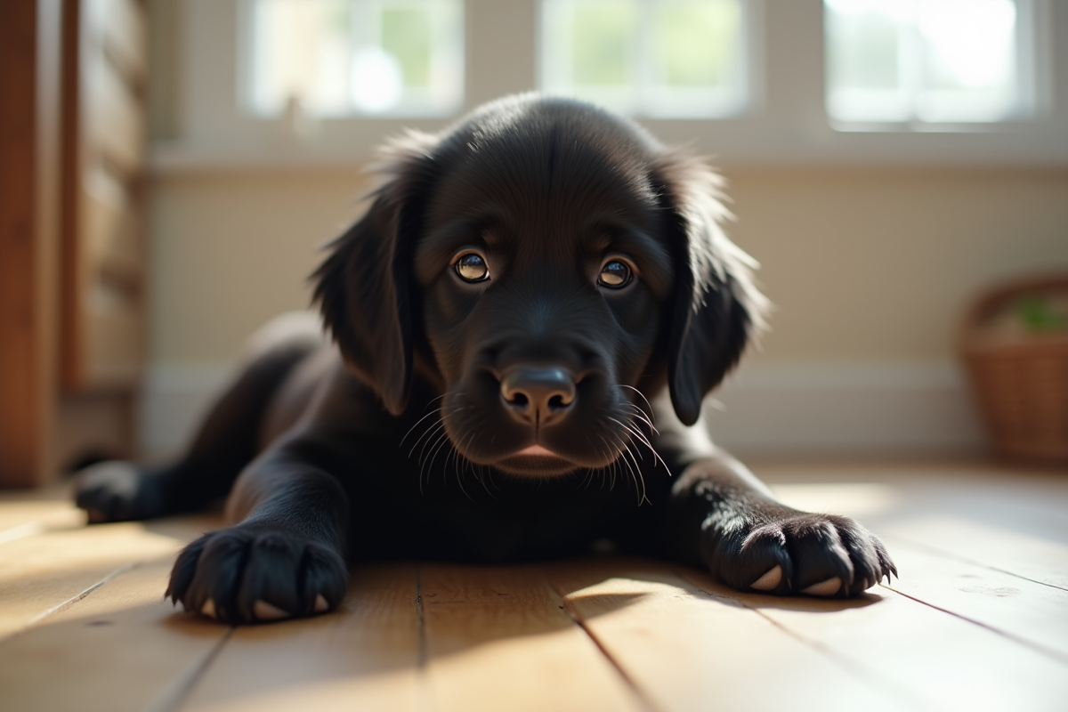 Chiot golden retriever noir allongé sur le sol en intérieur