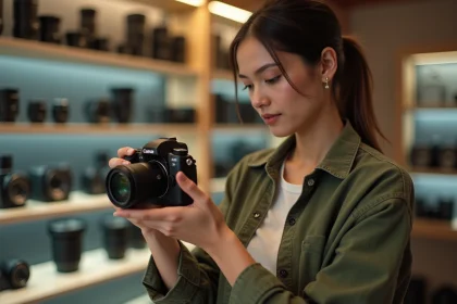 Femme tenant un appareil photo hybride dans un magasin spécialisé, comparant les boîtiers pour un premier achat