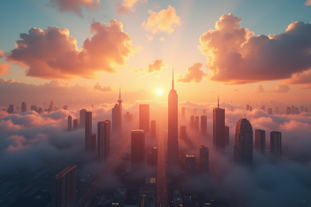 Ciel de ville au lever du soleil avec nuages technologiques lumineux
