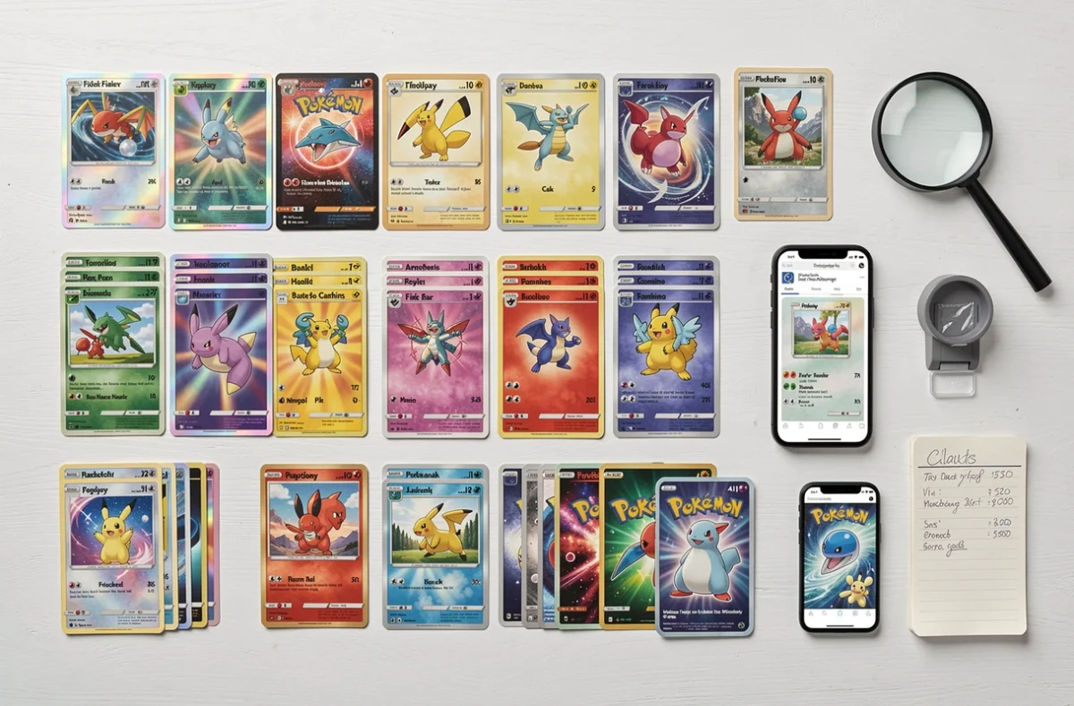 Vue aérienne d'une collection de cartes Pokémon rares étalées sur une table avec un smartphone affichant un site de vente en ligne