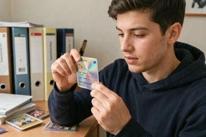 Jeune homme examinant une carte Pokémon holographique à son bureau, entouré de classeurs et de boosters