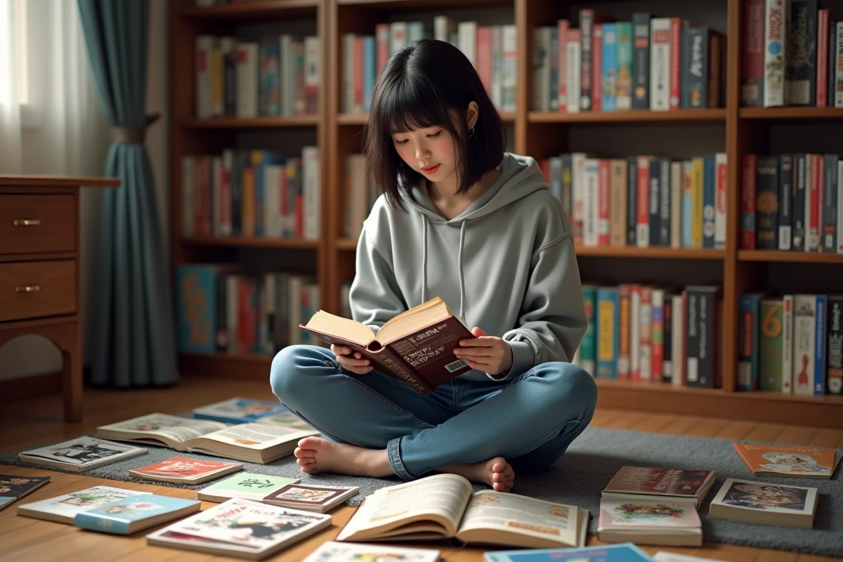Femme consultant des volumes manga Fairy Tail dans une bibliothèque personnelle