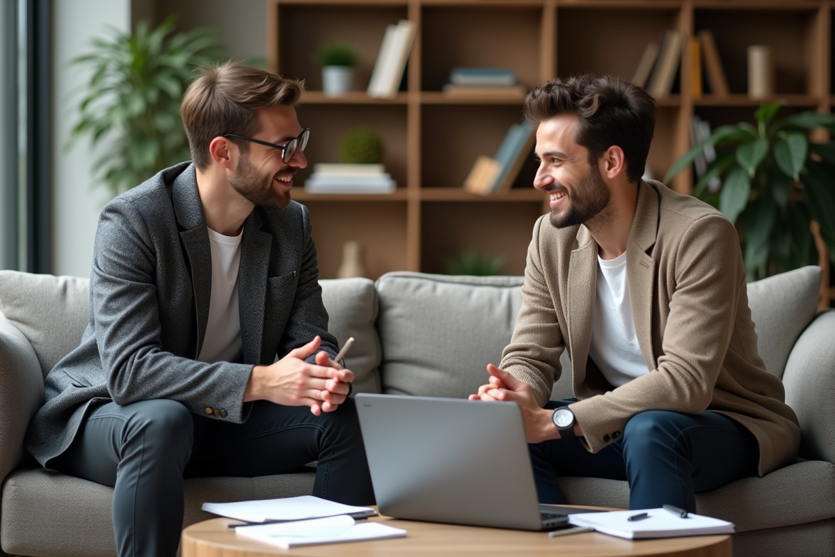 Deux collègues discutant dans un espace de travail convivial