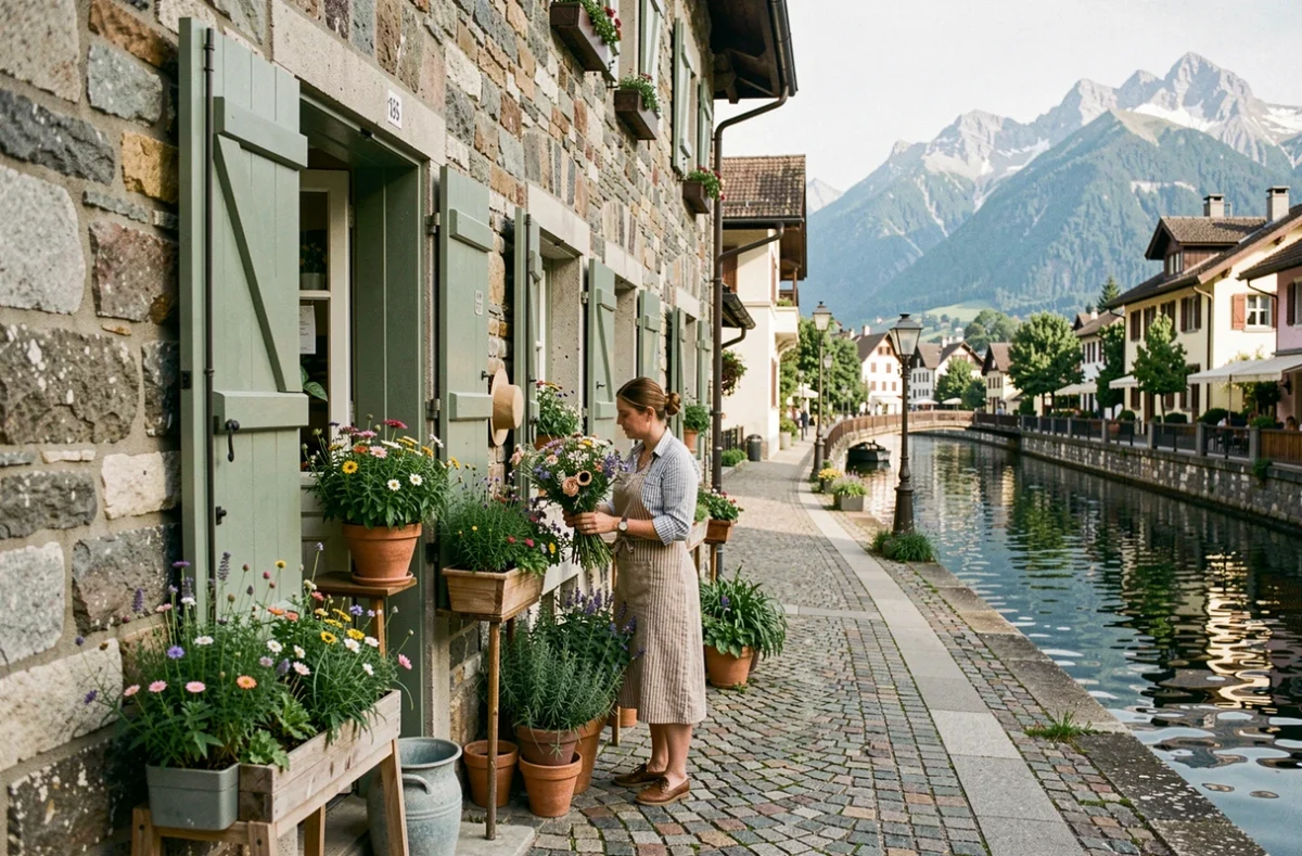 Boutique Combe Sauvage à Annecy avec vue sur les montagnes alpines et une fleuriste arrangeant des fleurs sauvages devant une façade en pierre