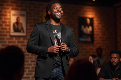 Comédien noir sur scène dans un club de comédie