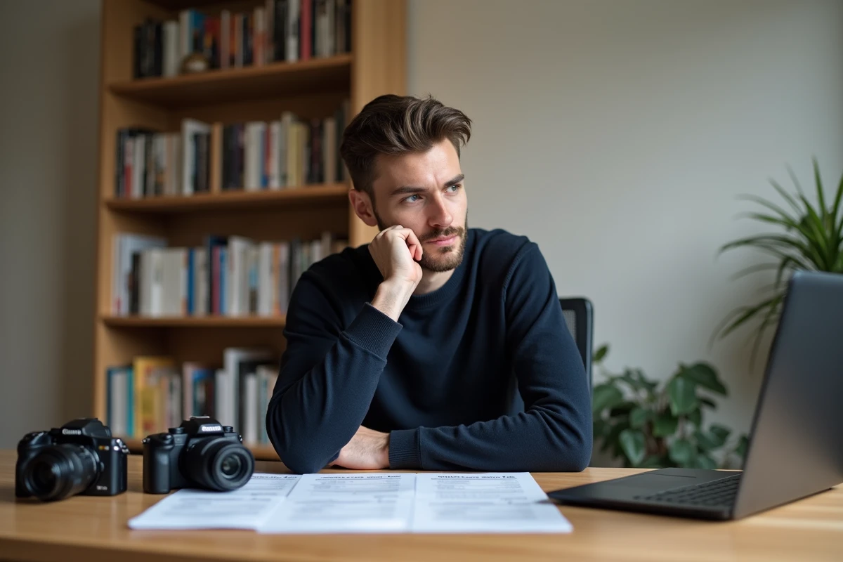 Homme comparant deux boîtiers hybrides sur un bureau avec fiches techniques pour choisir son premier appareil