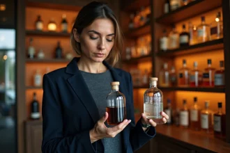 Femme inspectant deux bouteilles de spiritueux dans une boutique spécialisée, comparant une foudre noire et une flamme blanche avant achat
