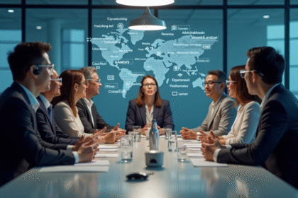 Groupe diversifié lors d'une conférence avec traduction IA